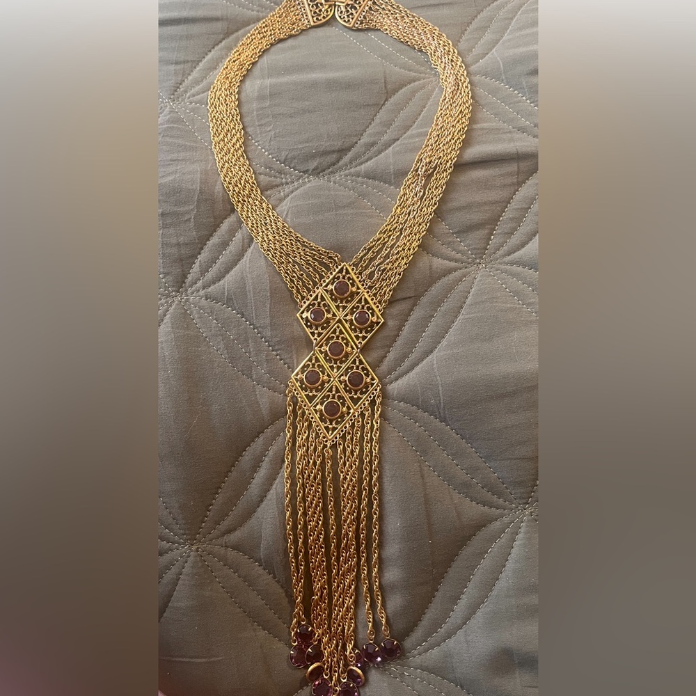 Goldette Egyptian Revival Amethyst Crystal Fringe Necklace in Gold Tone